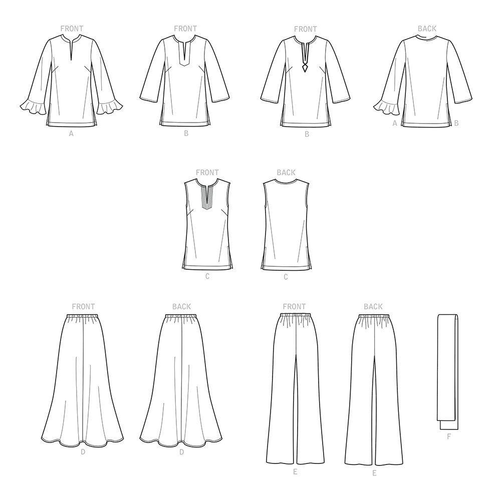 Simplicity S9130 pattern envelope showing skirt, trousers, tunic and scarf