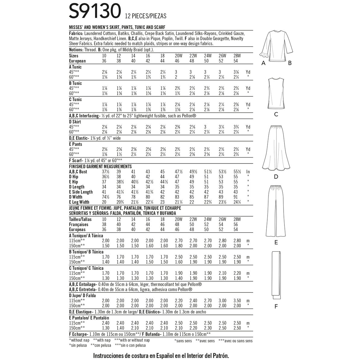Simplicity S9130 pattern envelope showing skirt, trousers, tunic and scarf