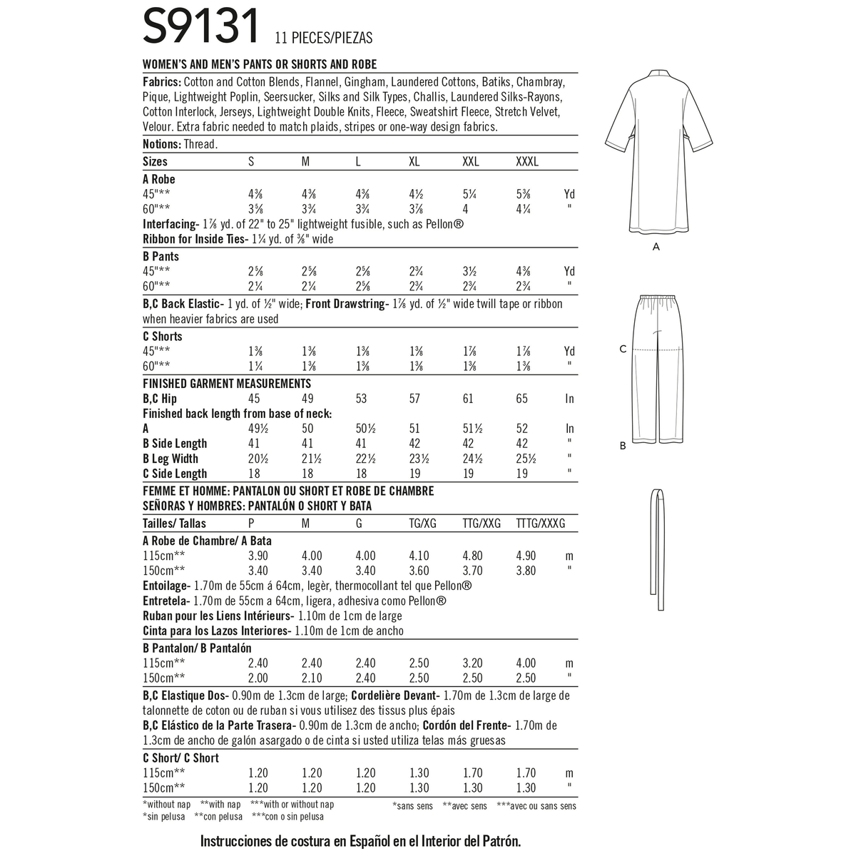 Simplicity S9131 pattern envelope showing lounge trousers, shorts and robe