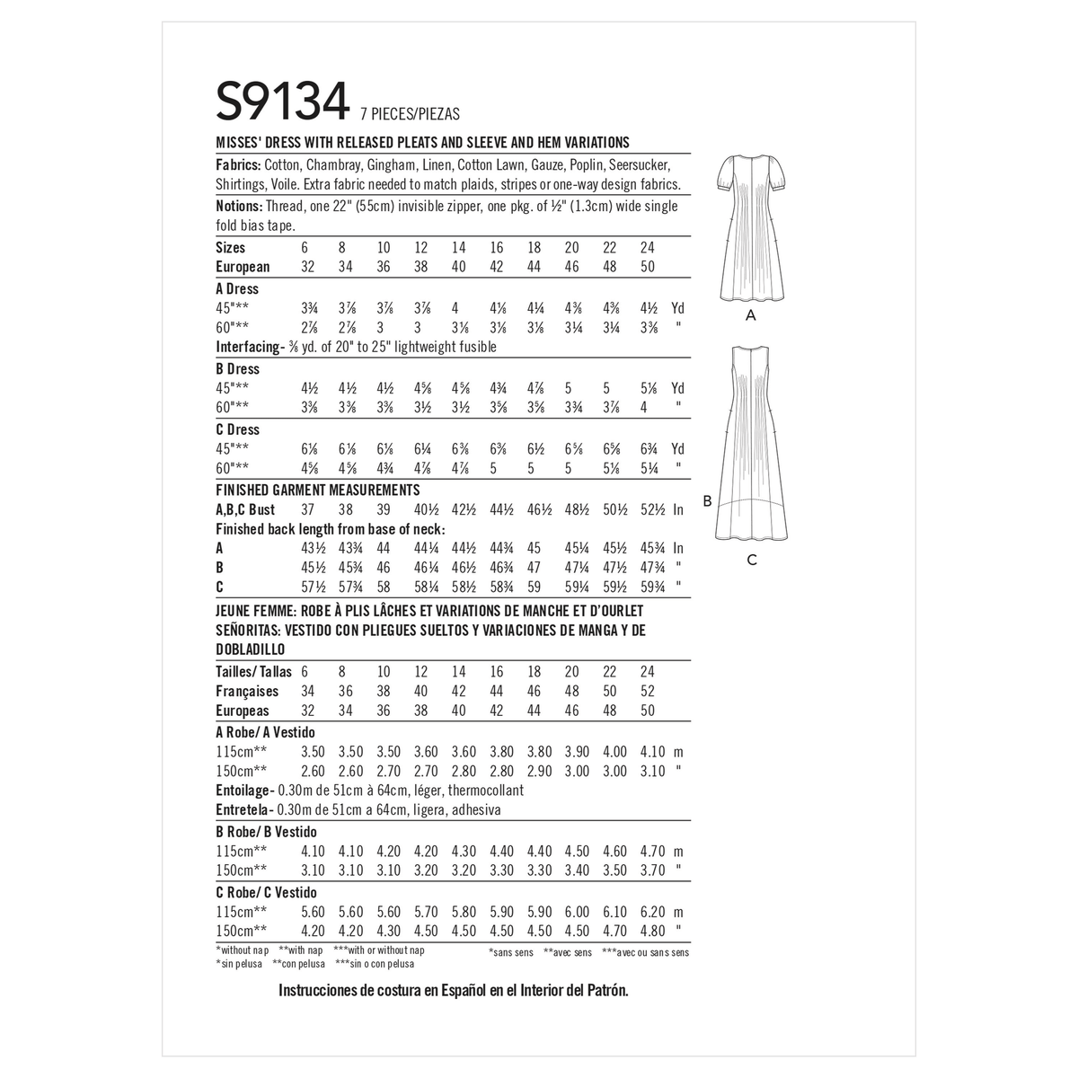 Simplicity S9134 pattern envelope showing dresses with released pleats