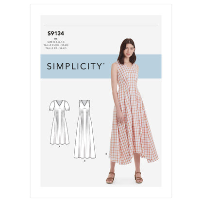 Simplicity S9134 pattern envelope showing dresses with released pleats