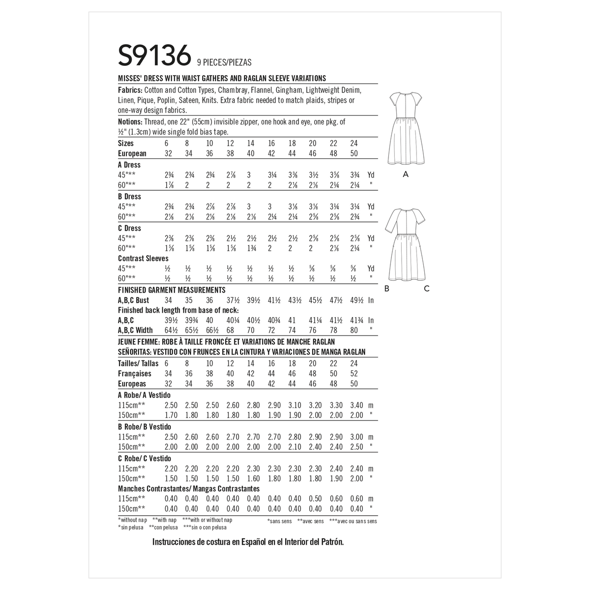 Simplicity S9136 pattern envelope showing dresses with raglan sleeves