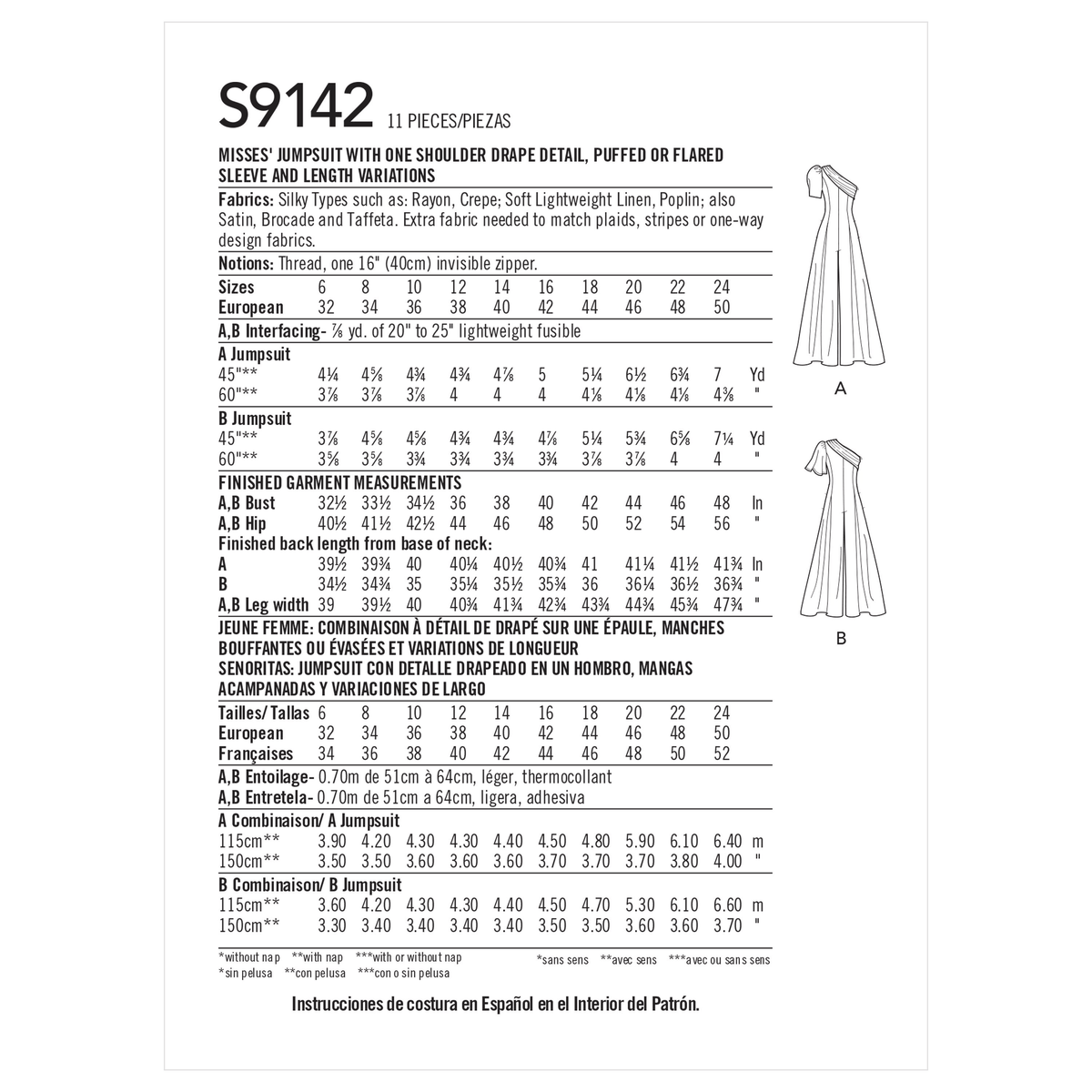 Simplicity S9142 pattern envelope showing one shoulder jumpsuits
