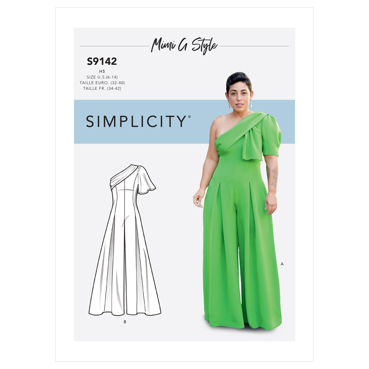 Simplicity S9142 pattern envelope showing one shoulder jumpsuits