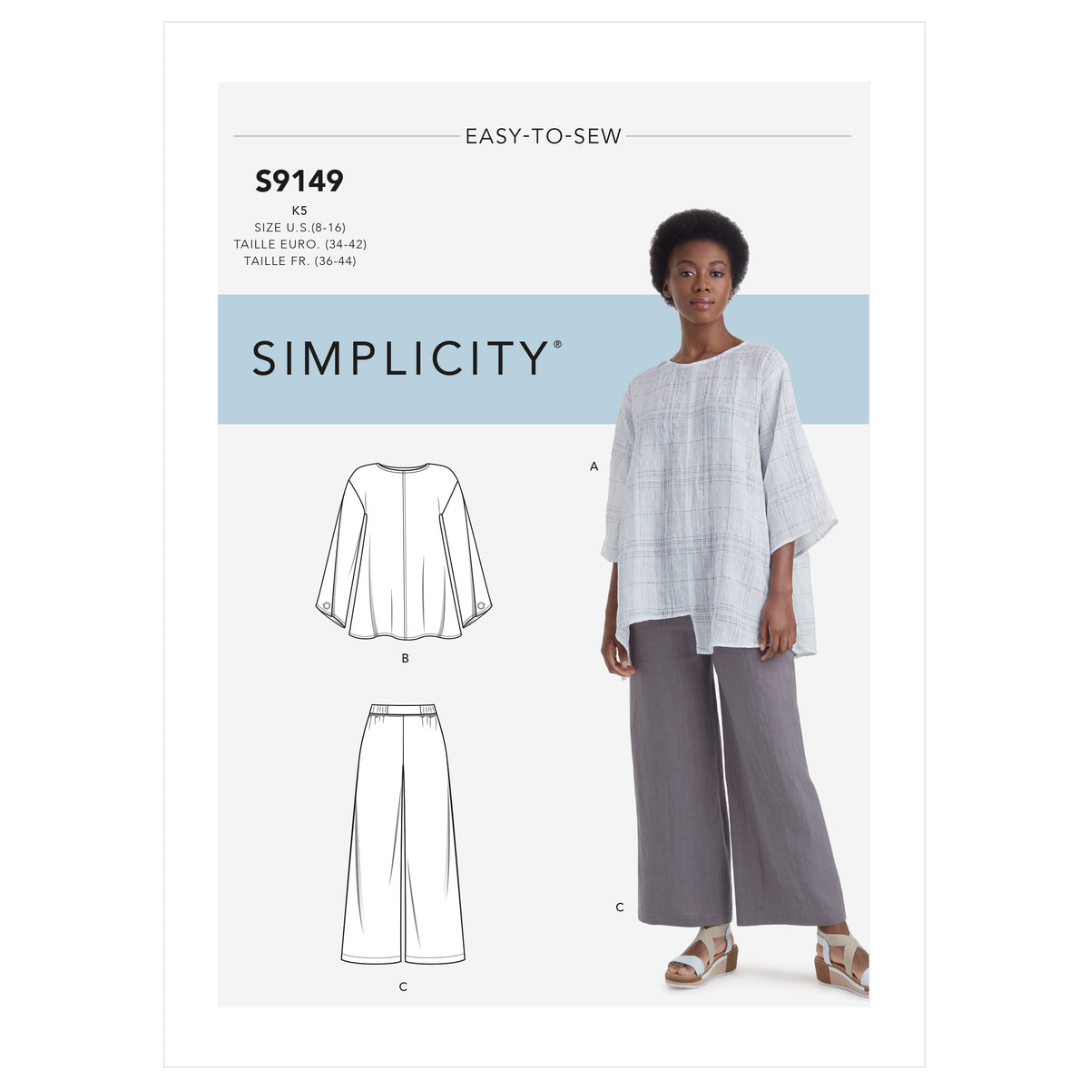 Simplicity S9149 pattern envelope showing top and pull-on trousers