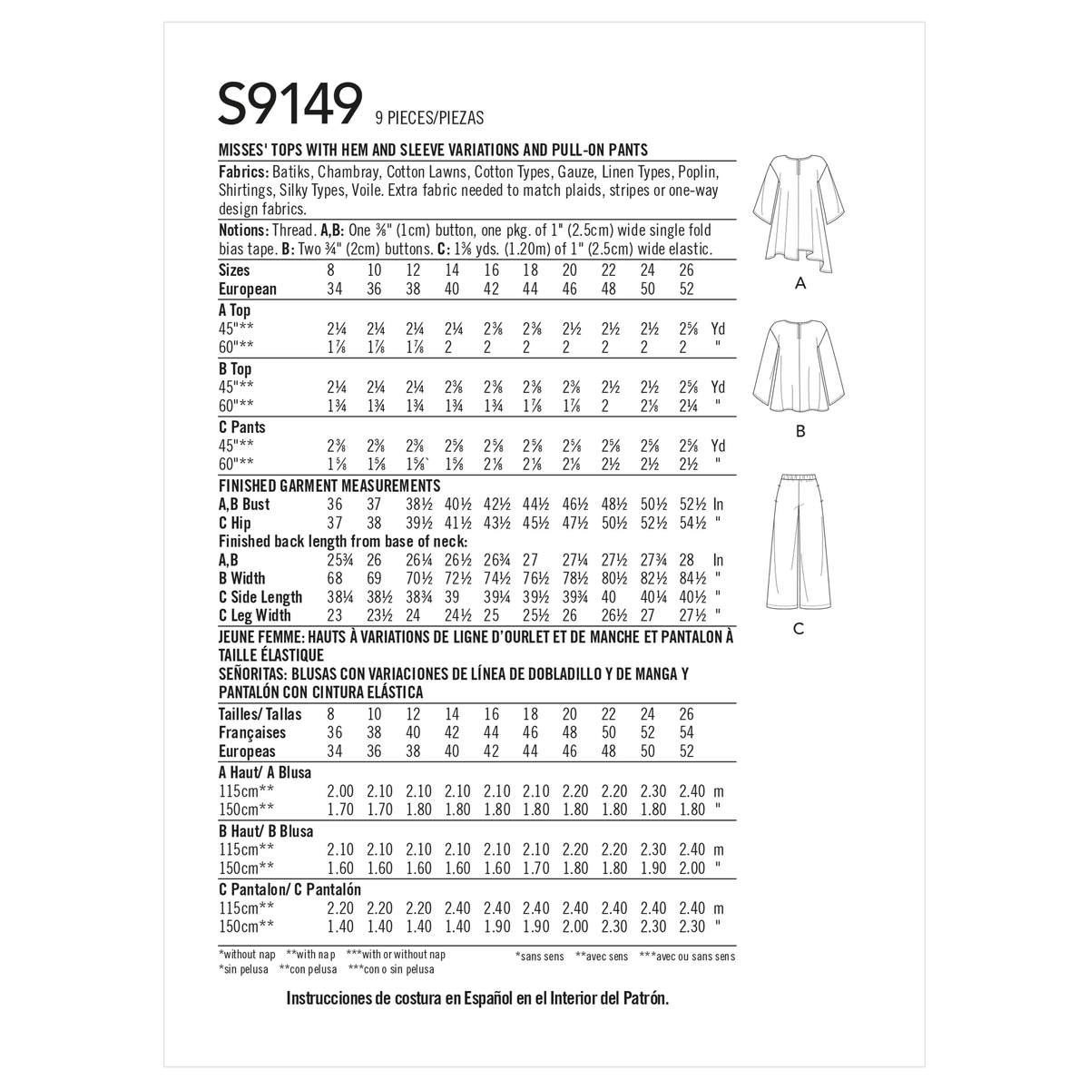 Simplicity S9149 pattern envelope showing top and pull-on trousers