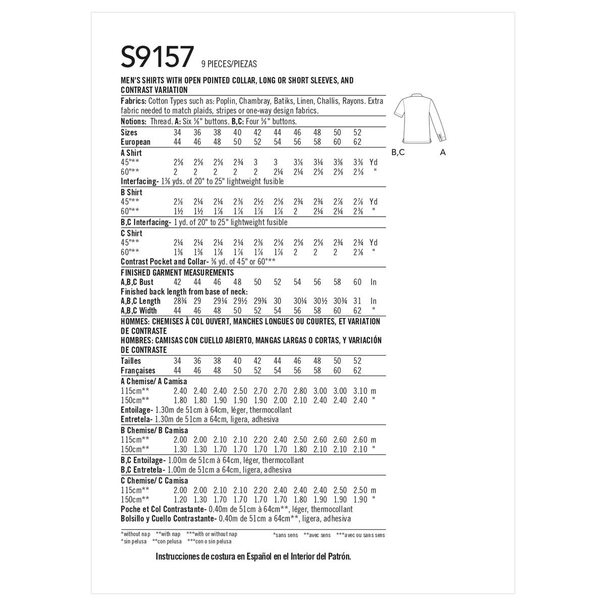 Simplicity S9157 pattern envelope showing men's shirts