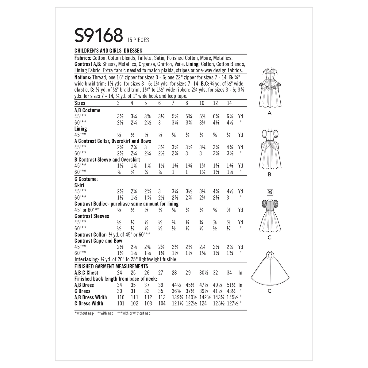 Simplicity S9168 pattern envelope showing girls' princess dress costumes