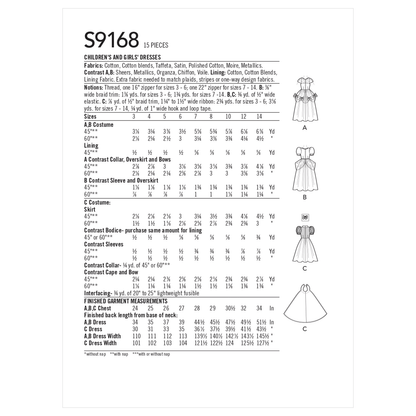 Simplicity S9168 pattern envelope showing girls' princess dress costumes