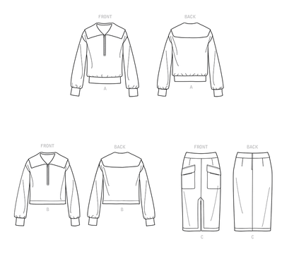 Simplicity S9182 sewing pattern envelope showing half zip knit top and slim skirt