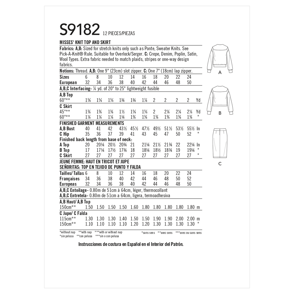 Simplicity S9182 sewing pattern envelope showing half zip knit top and slim skirt
