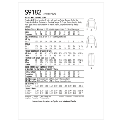 Simplicity S9182 sewing pattern envelope showing half zip knit top and slim skirt