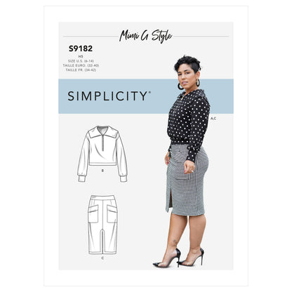 Simplicity S9182 sewing pattern envelope showing half zip knit top and slim skirt