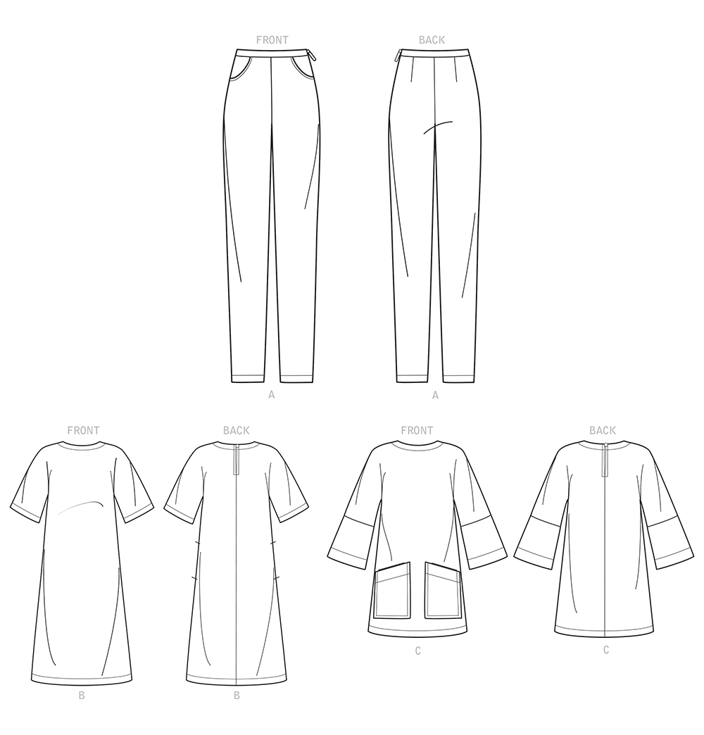 Simplicity S9183 sewing pattern envelope showing tunic top, dress and trousers
