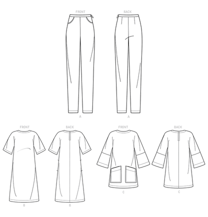 Simplicity S9183 sewing pattern envelope showing tunic top, dress and trousers