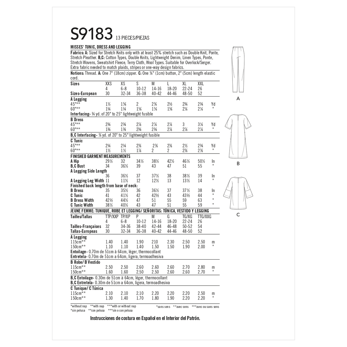 Simplicity S9183 sewing pattern envelope showing tunic top, dress and trousers