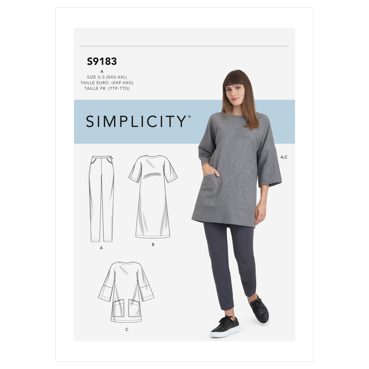 Simplicity S9183 sewing pattern envelope showing tunic top, dress and trousers