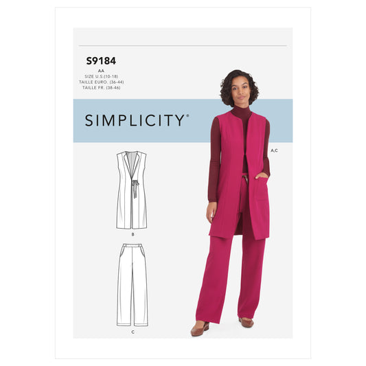 Simplicity S9184 sewing pattern envelope showing princess seamed vest and straight leg trousers