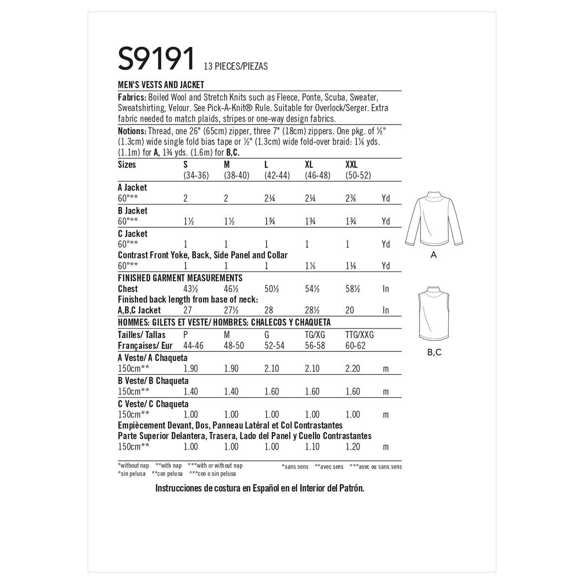 Simplicity S9191 sewing pattern envelope showing jacket and vests with stand collar
