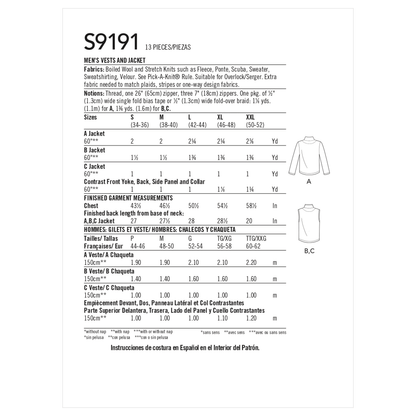 Simplicity S9191 sewing pattern envelope showing jacket and vests with stand collar