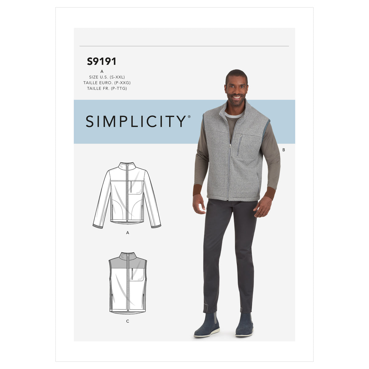 Simplicity S9191 sewing pattern envelope showing jacket and vests with stand collar