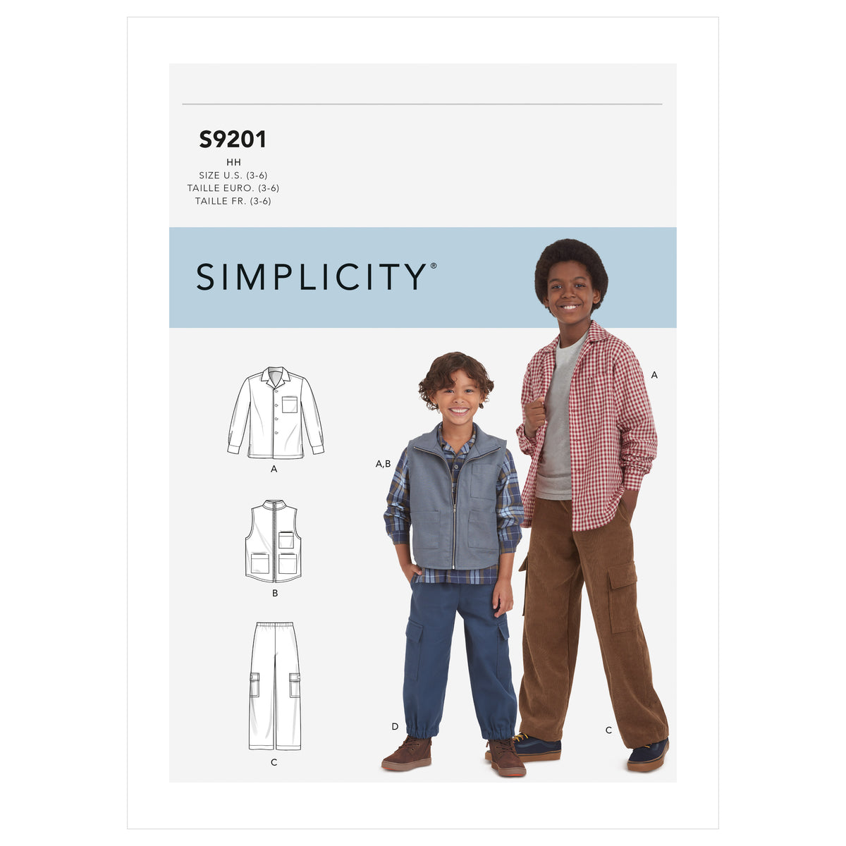 Simplicity S9201 sewing pattern envelope showing shirt, vest and cargo trousers