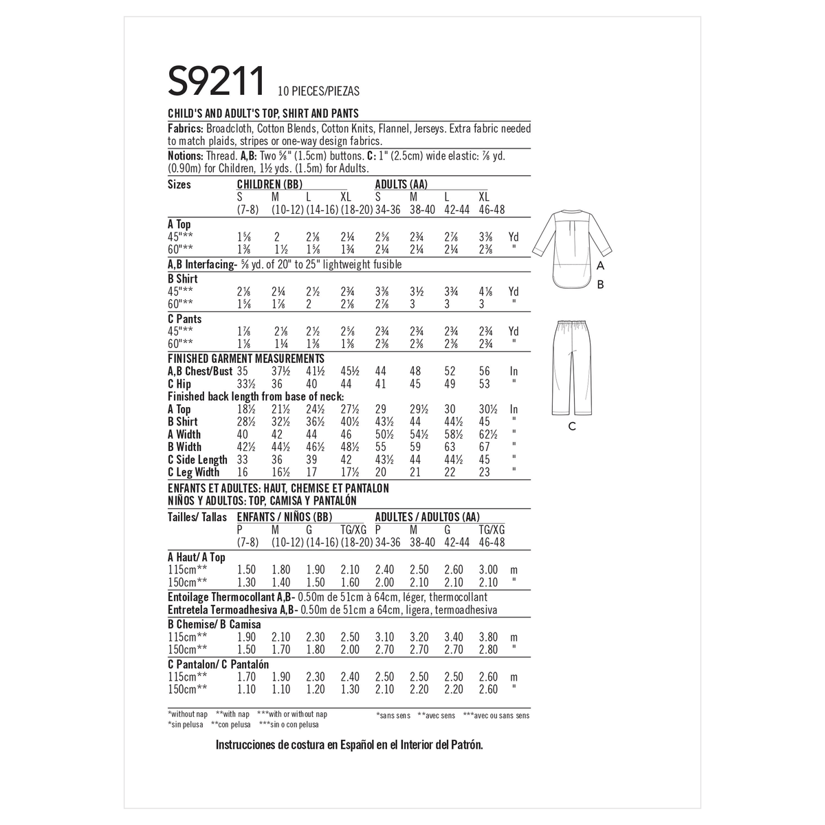 Simplicity S9211 sewing pattern envelope showing unisex pyjamas