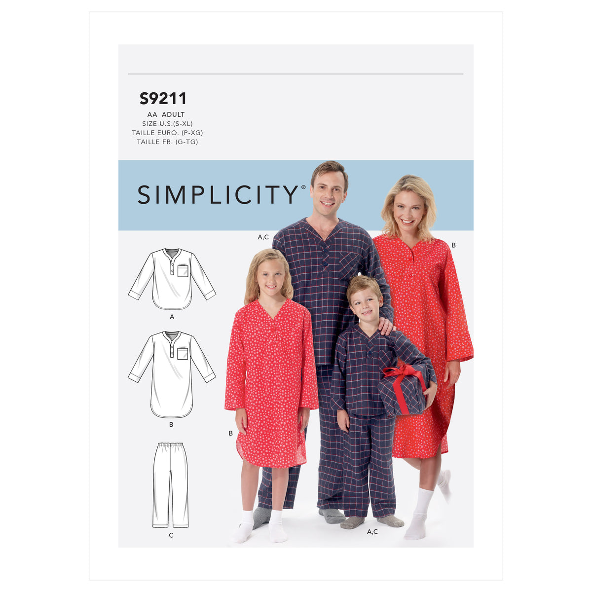 Simplicity S9211 sewing pattern envelope showing unisex pyjamas