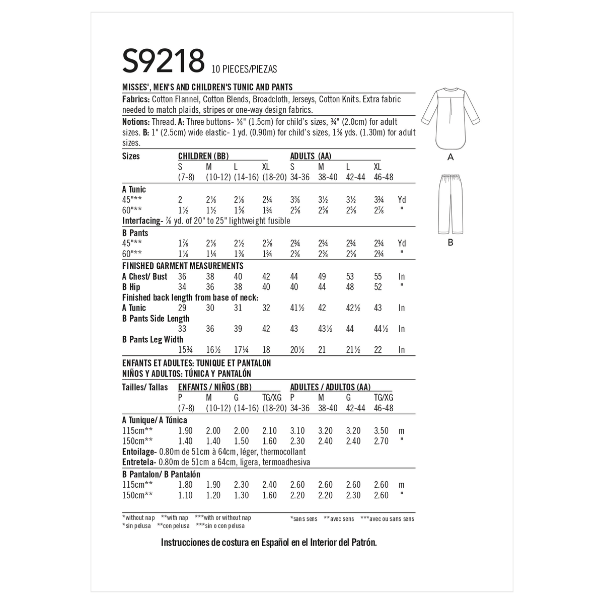 Simplicity S9218 sewing pattern envelope showing lounge tunic and trousers