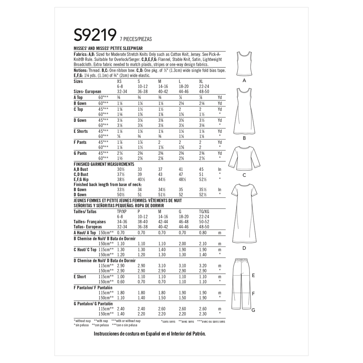 Simplicity S9219 sewing pattern envelope showing women's pyjamas and nightdress