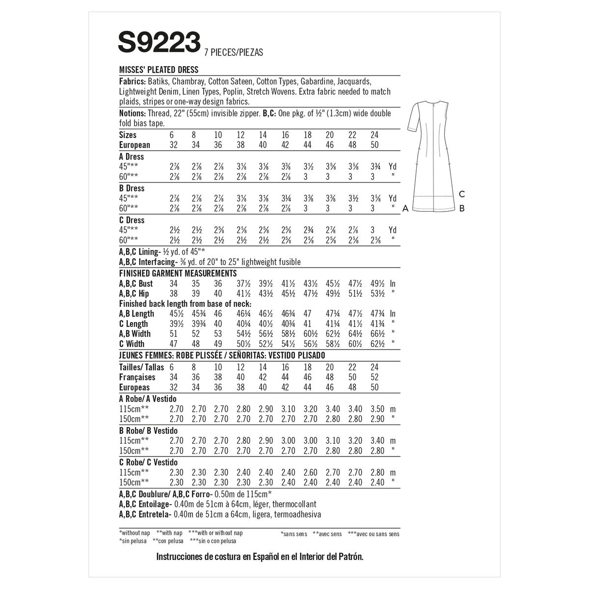 Simplicity S9223 sewing pattern envelope showing asymmetric pleated dress
