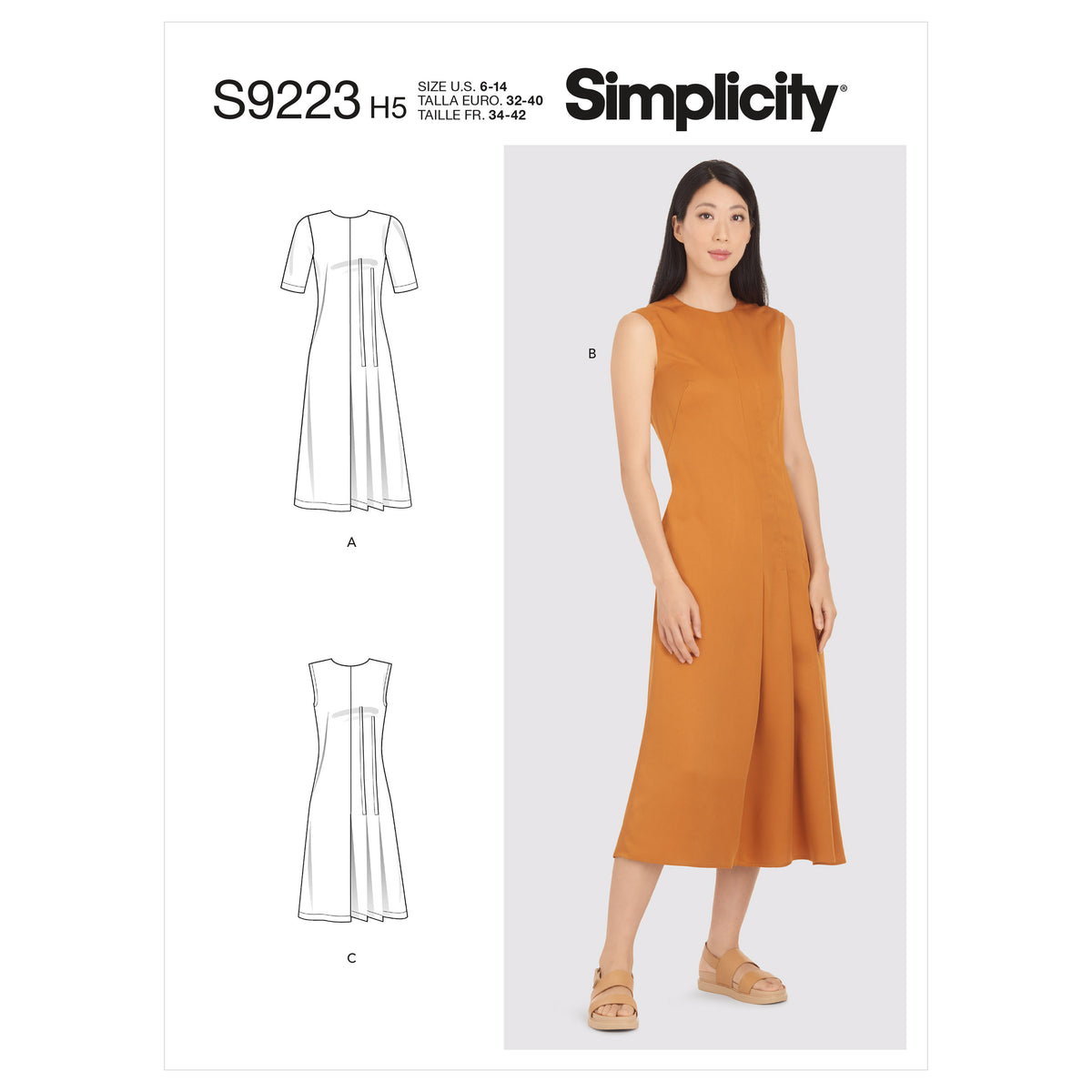 Simplicity S9223 sewing pattern envelope showing asymmetric pleated dress
