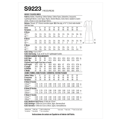 Simplicity S9223 sewing pattern envelope showing asymmetric pleated dress