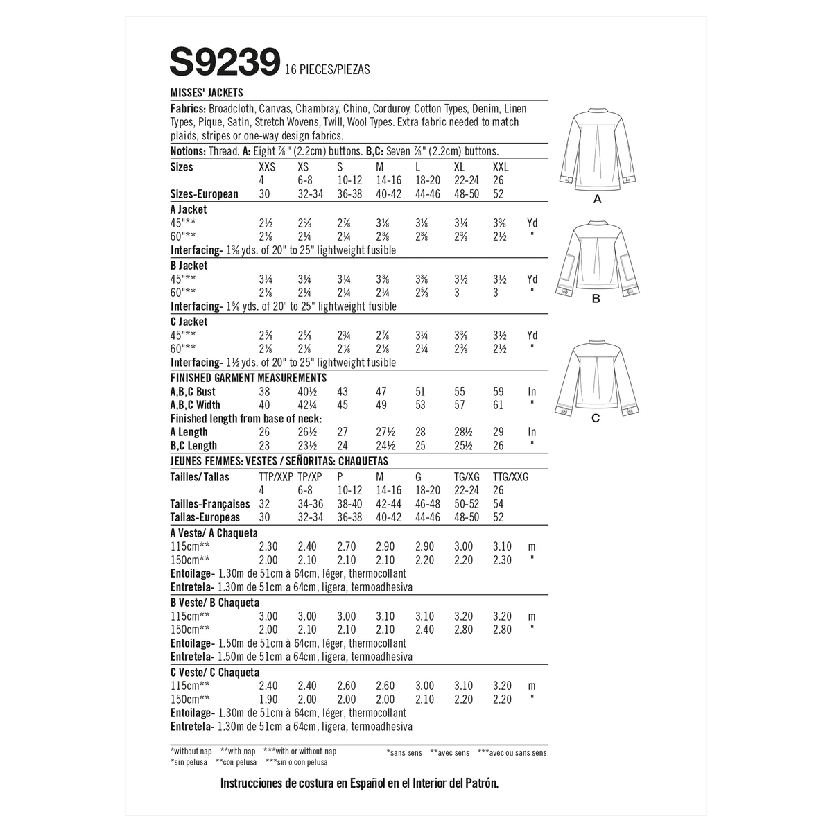 Simplicity S9239 sewing pattern envelope showing women's jackets