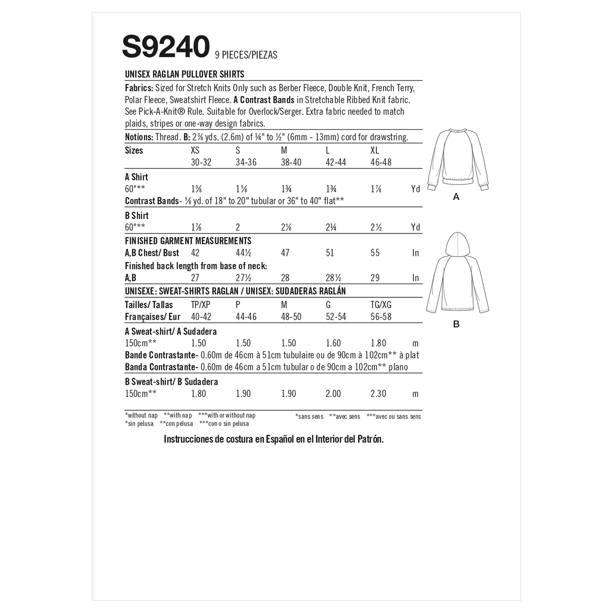 Simplicity S9240 sewing pattern envelope showing raglan top and hoodie