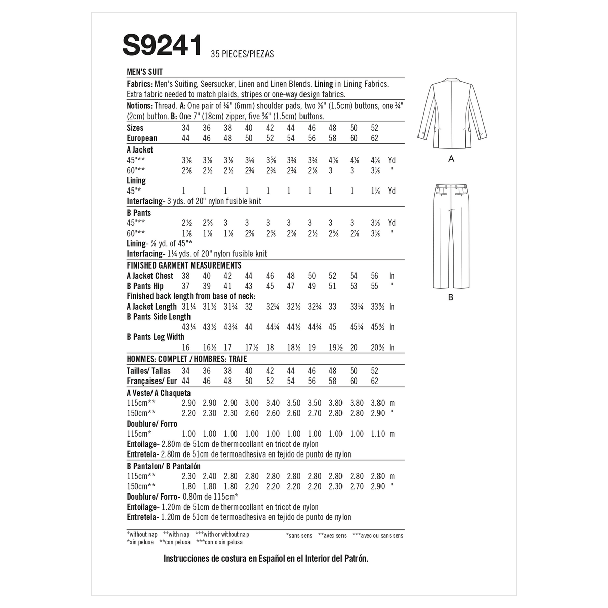 Simplicity S9241 sewing pattern envelope showing men's suit jacket and trousers