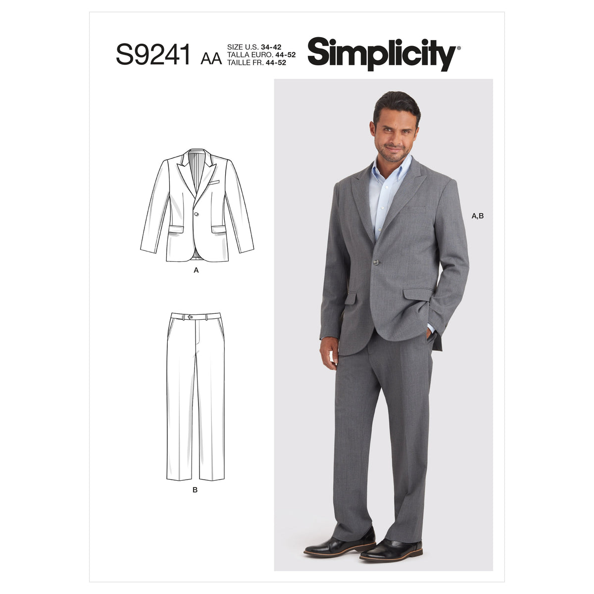 Simplicity S9241 sewing pattern envelope showing men's suit jacket and trousers