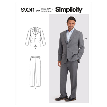 Simplicity S9241 sewing pattern envelope showing men's suit jacket and trousers