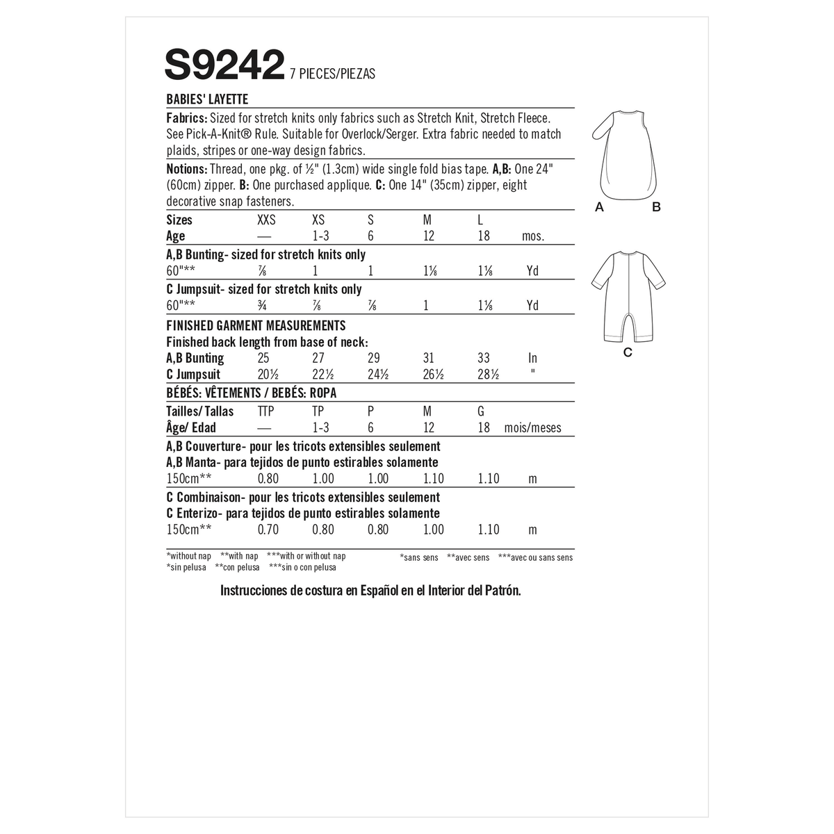 Simplicity S9242 sewing pattern envelope showing baby buntings and jumpsuit