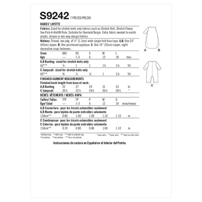 Simplicity S9242 sewing pattern envelope showing baby buntings and jumpsuit