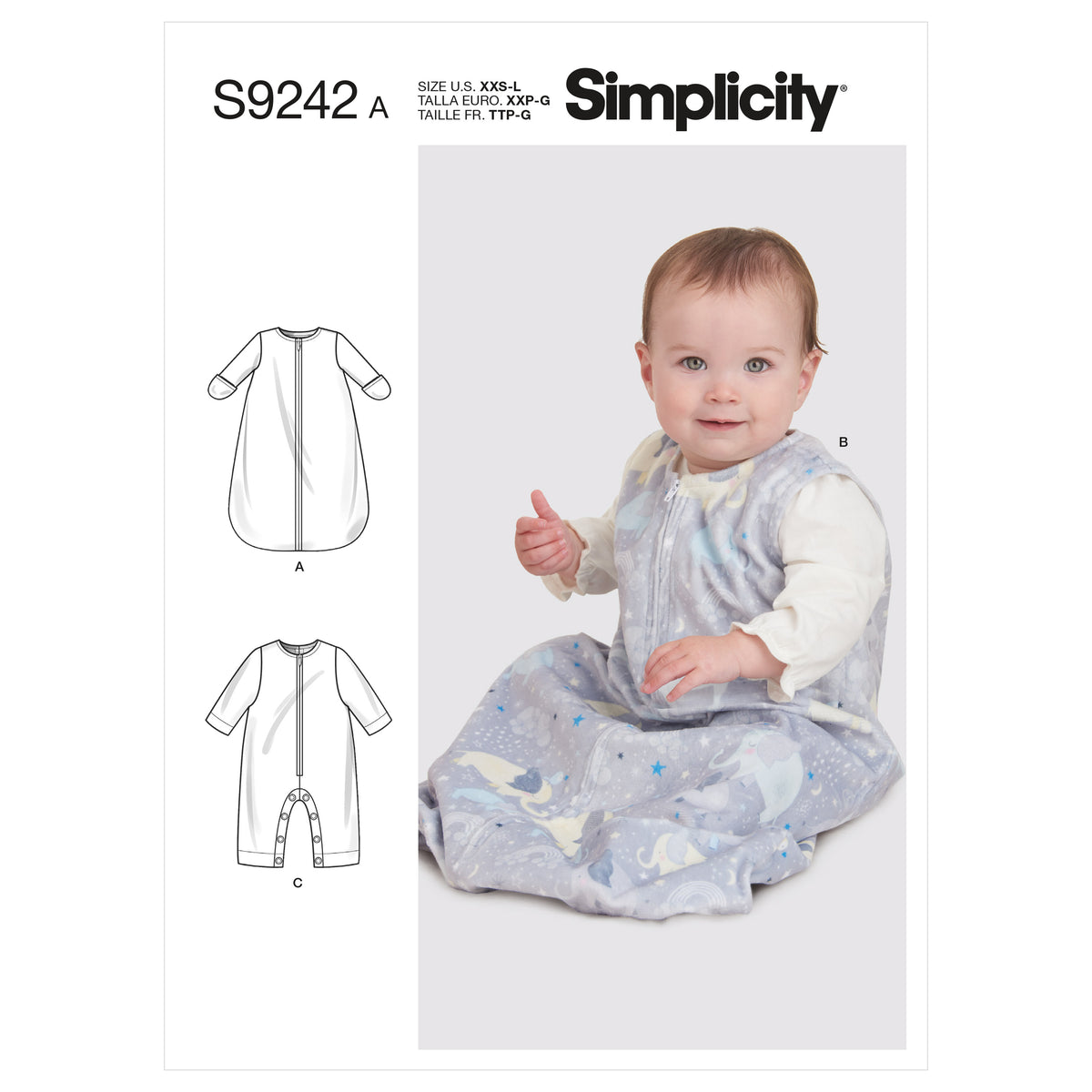 Simplicity S9242 sewing pattern envelope showing baby buntings and jumpsuit