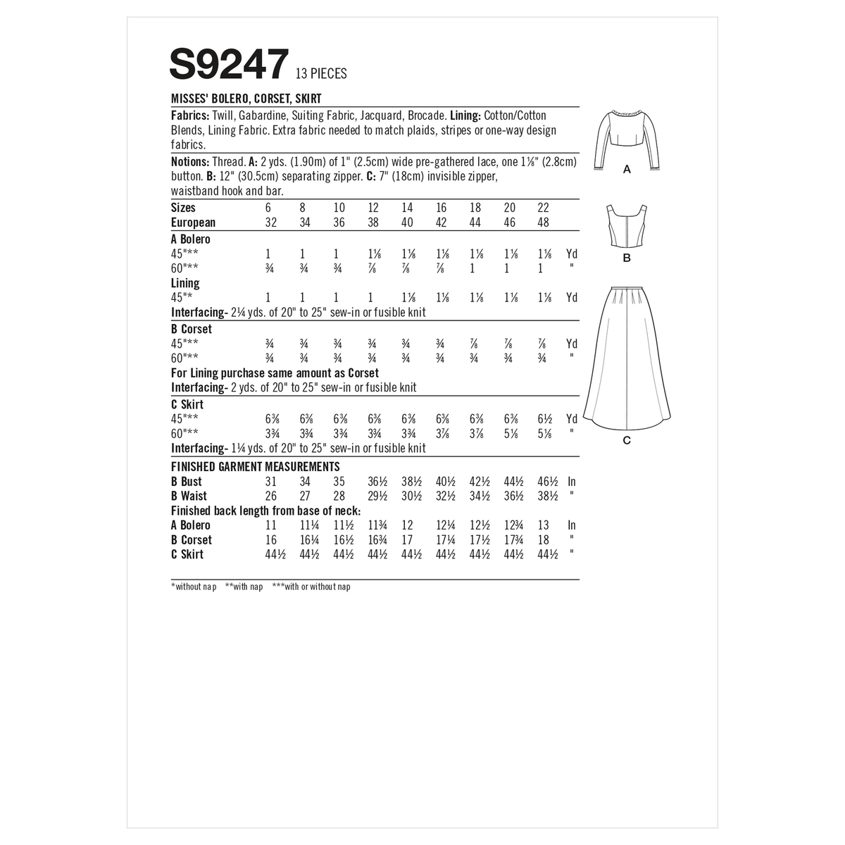Simplicity S9247 sewing pattern envelope showing Victorian bolero, corset and skirt costume
