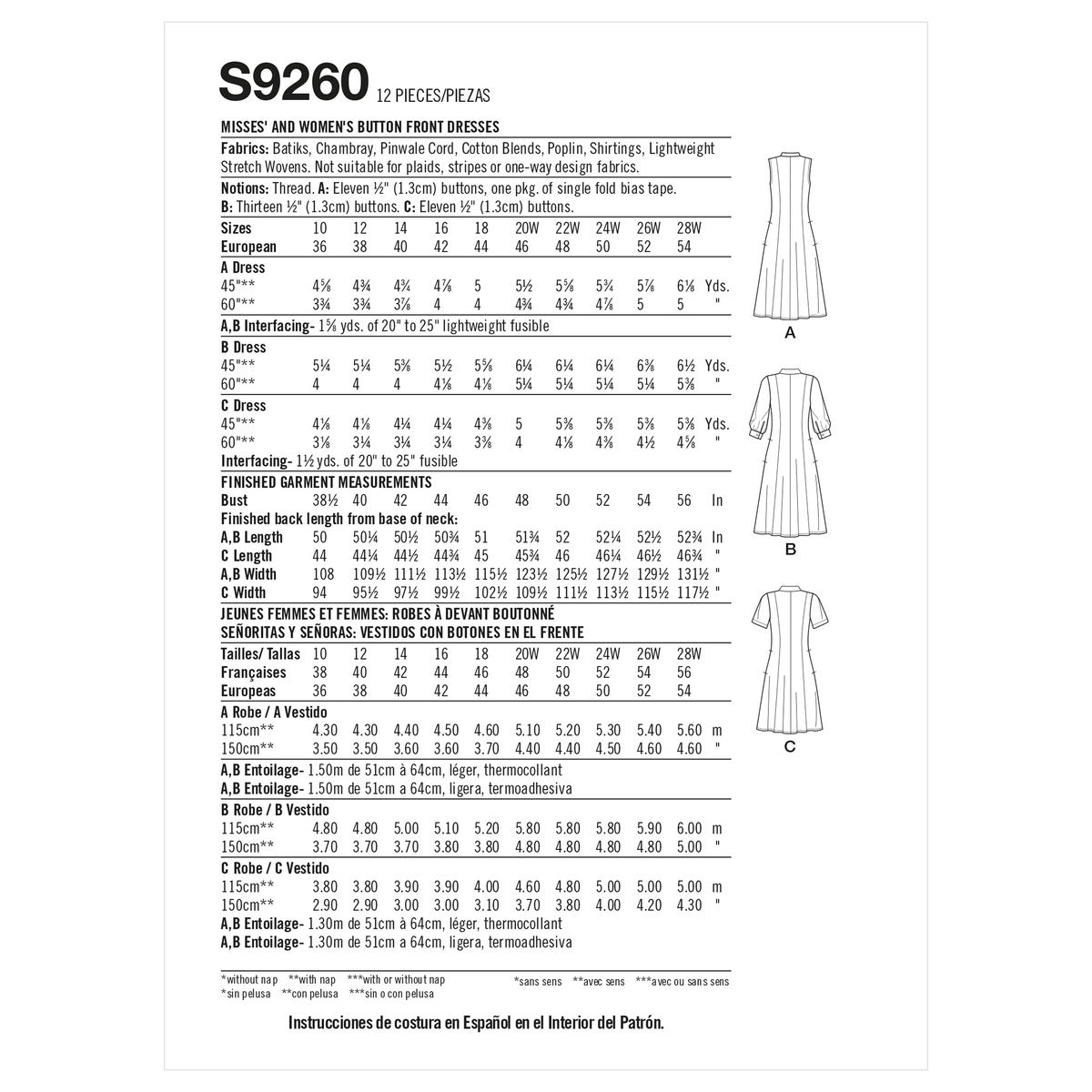 Simplicity sewing pattern S9260 envelope showing a button front dress
