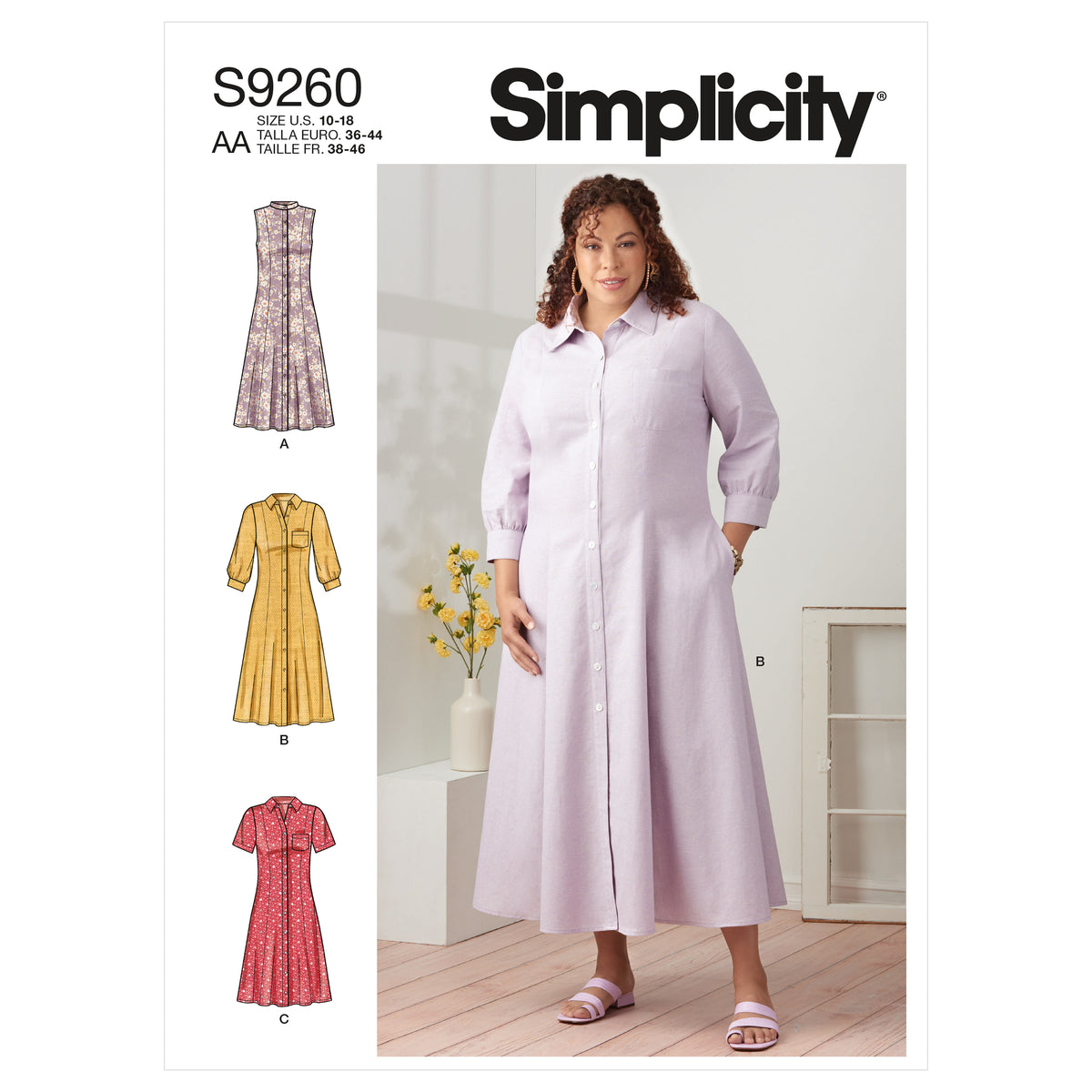 Simplicity sewing pattern S9260 envelope showing a button front dress