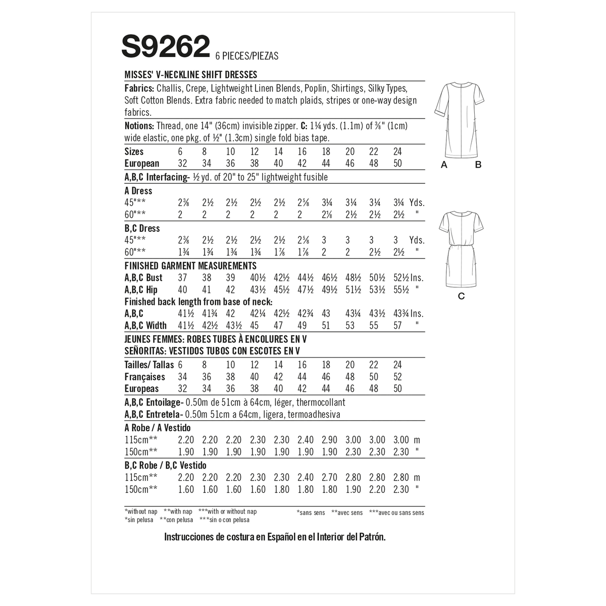 Simplicity sewing pattern S9262 envelope showing a v-neck shift dress