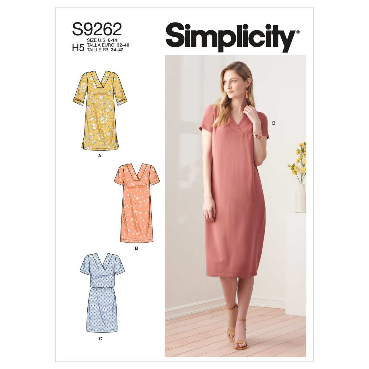 Simplicity sewing pattern S9262 envelope showing a v-neck shift dress