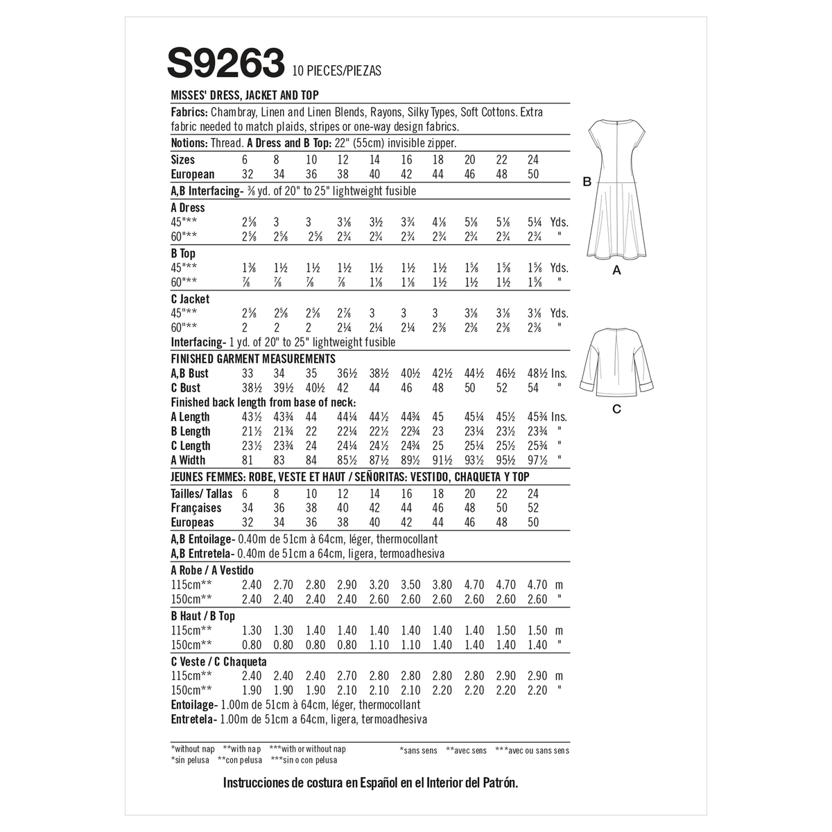 Simplicity sewing pattern S9263 envelope showing a dress, top and jacket
