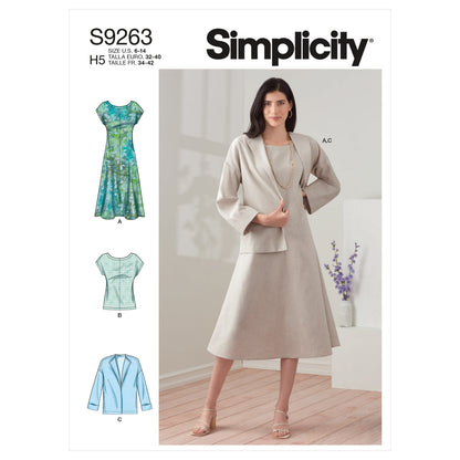 Simplicity sewing pattern S9263 envelope showing a dress, top and jacket
