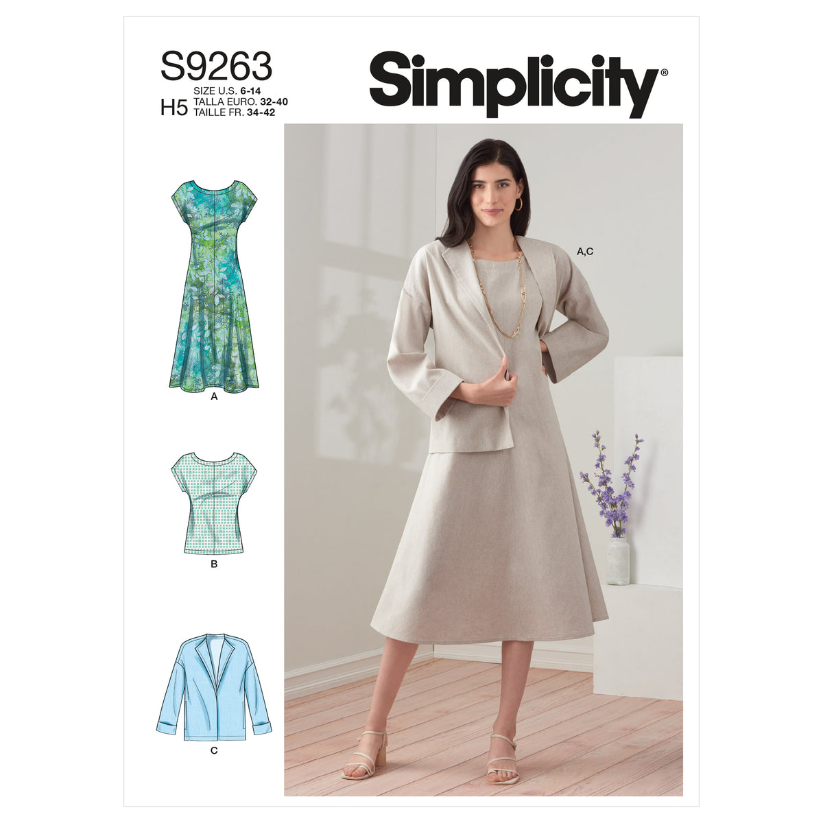 Simplicity sewing pattern S9263 envelope showing a dress, top and jacket