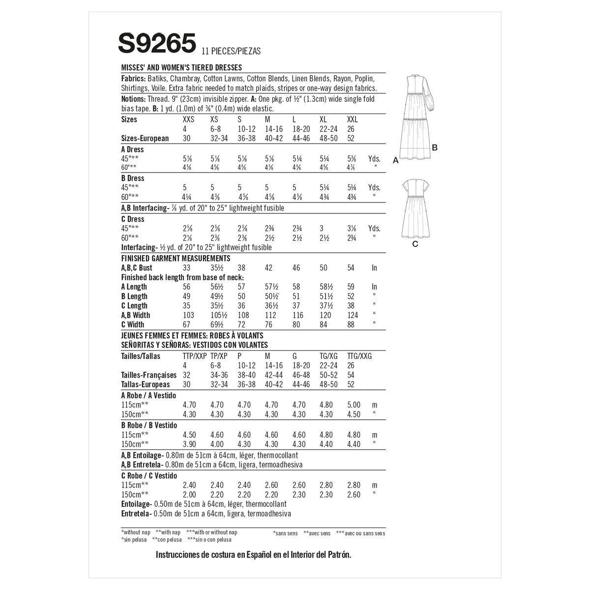 Simplicity sewing pattern S9265 envelope showing a tiered dress